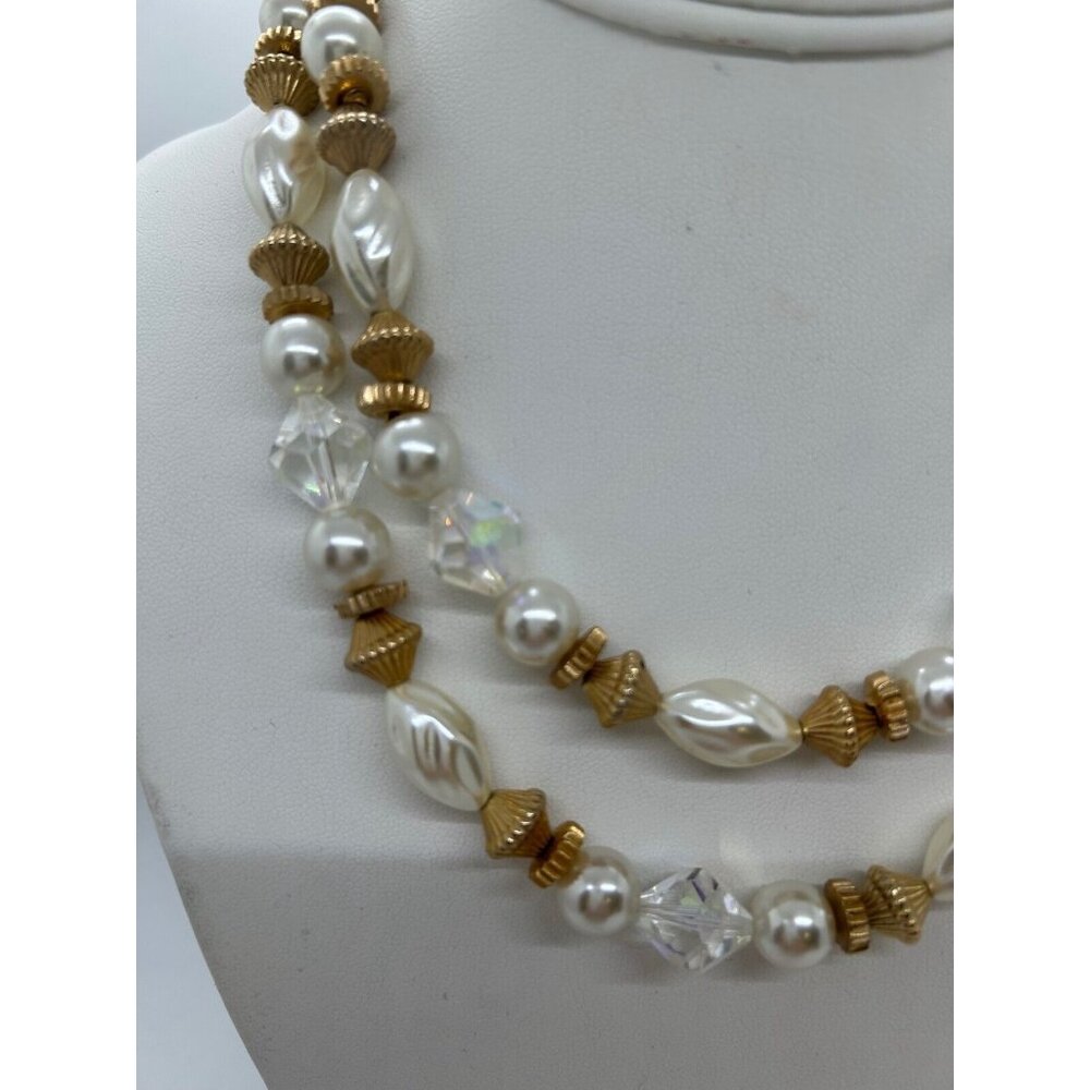 Faux Pearl Necklace Crystals Gold-tone Rope Chain Two Strand Strand Vintage - Picture 5 of 14